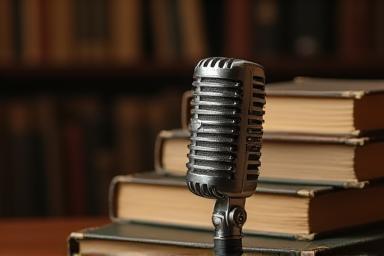 Microphone near a stack of books