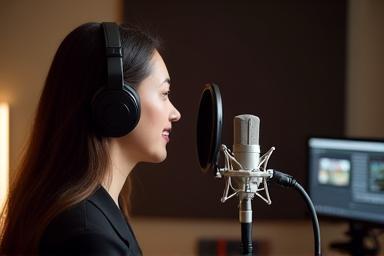 Person recording a podcast in a studio