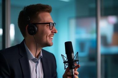 Person speaking into a microphone during a corporate webinar
