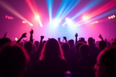 Crowd at a music festival with stage lights