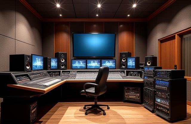 Control room with mixing console and monitors