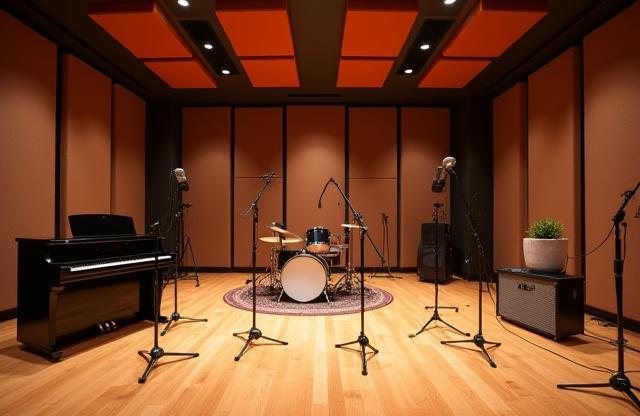 Live recording room with acoustic treatment and microphones