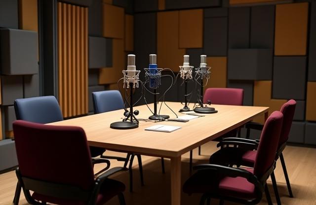 Podcast recording setup with multiple microphones and chairs